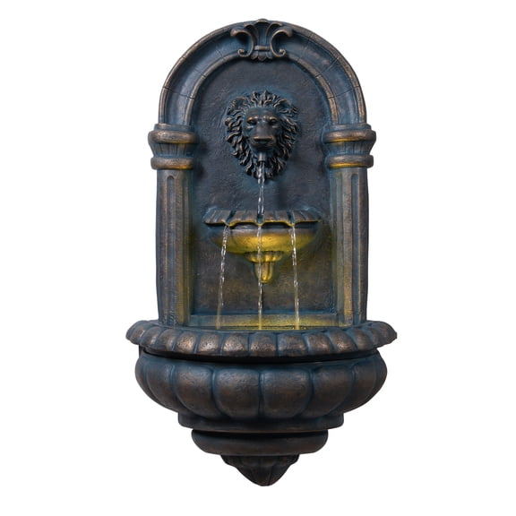 Teamson Home Tiered Lion Outdoor Water FountainLED Light with Built-In Electric Pump & Simple Setup, Antique Cooper