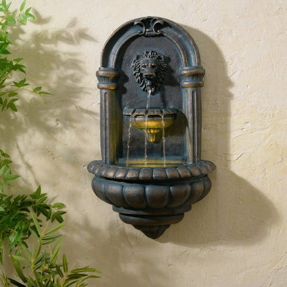 Teamson Home Tiered Lion Outdoor Water FountainLED Light with Built-In Electric Pump & Simple Setup, Antique Cooper