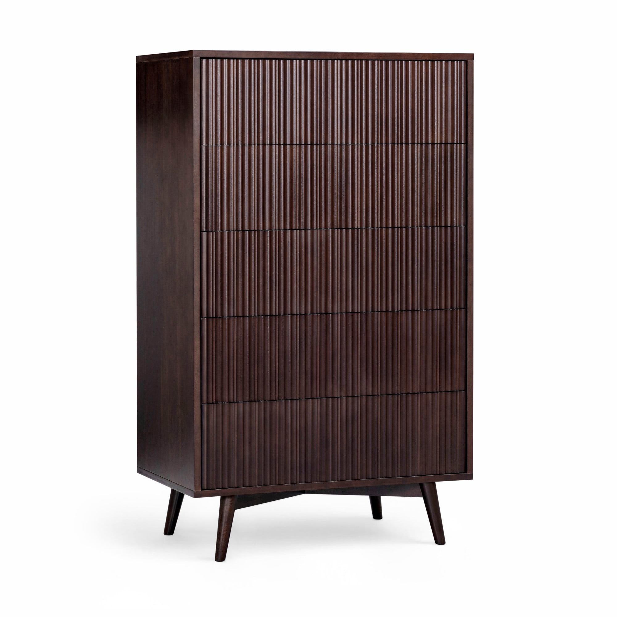 Tremolo 5-Drawer Dresser, Espresso – Teamson Home: Push-Open Chest of Drawers with Natural Acacia Fluted Fronts for Modern Bedrooms & Closet Storage