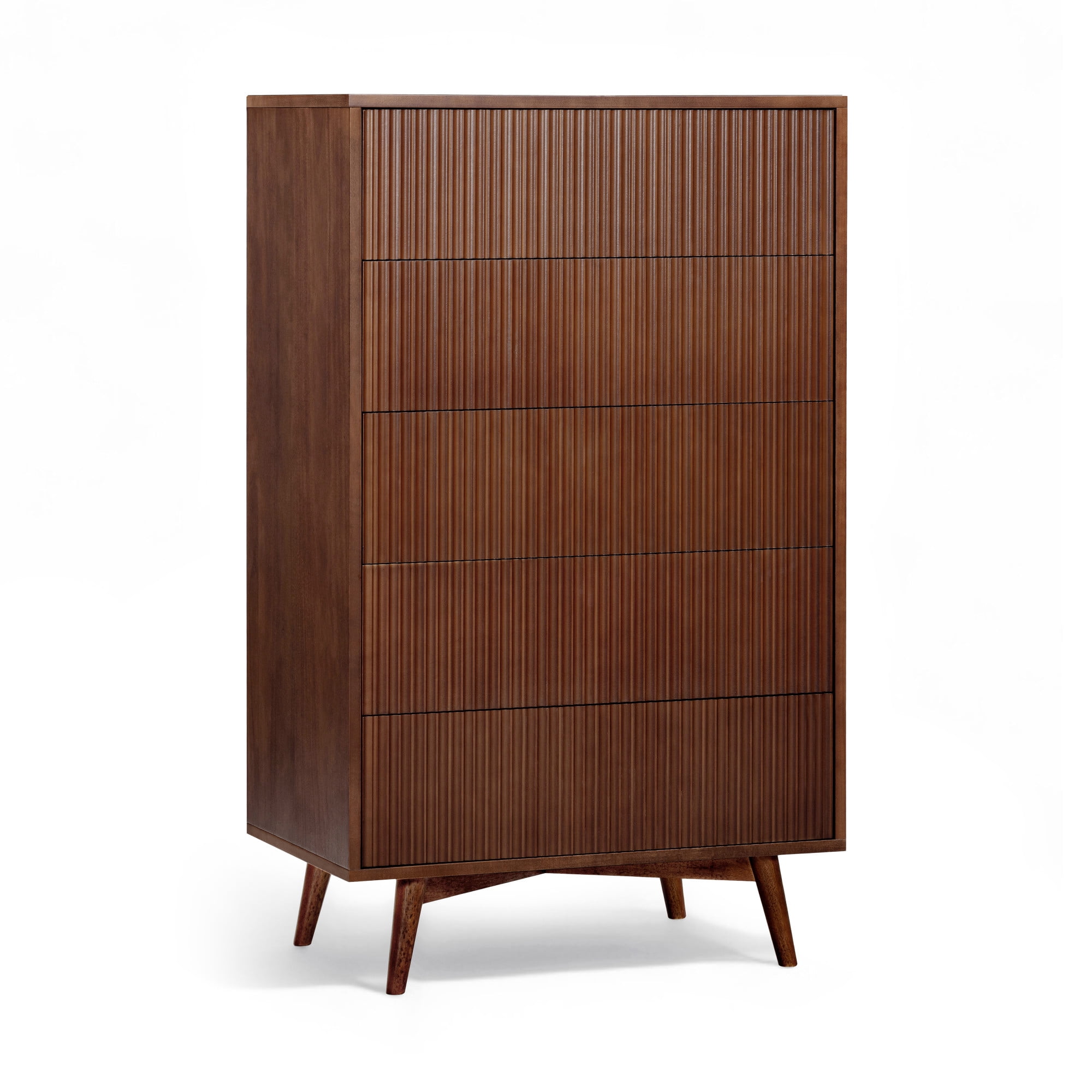 Tremolo 5-Drawer Dresser, Walnut – Teamson Home: Push-Open Chest of Drawers with Natural Acacia Fluted Fronts for Modern Bedrooms & Closet Storage