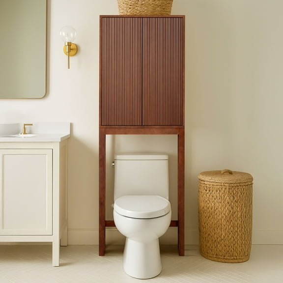 Teamson Home Tremolo Modern Boho Over Toilet Storage Cabinet with 2 Push-Open Doors, Sturdy Shelves, Solid Wood & Fluted Fronts