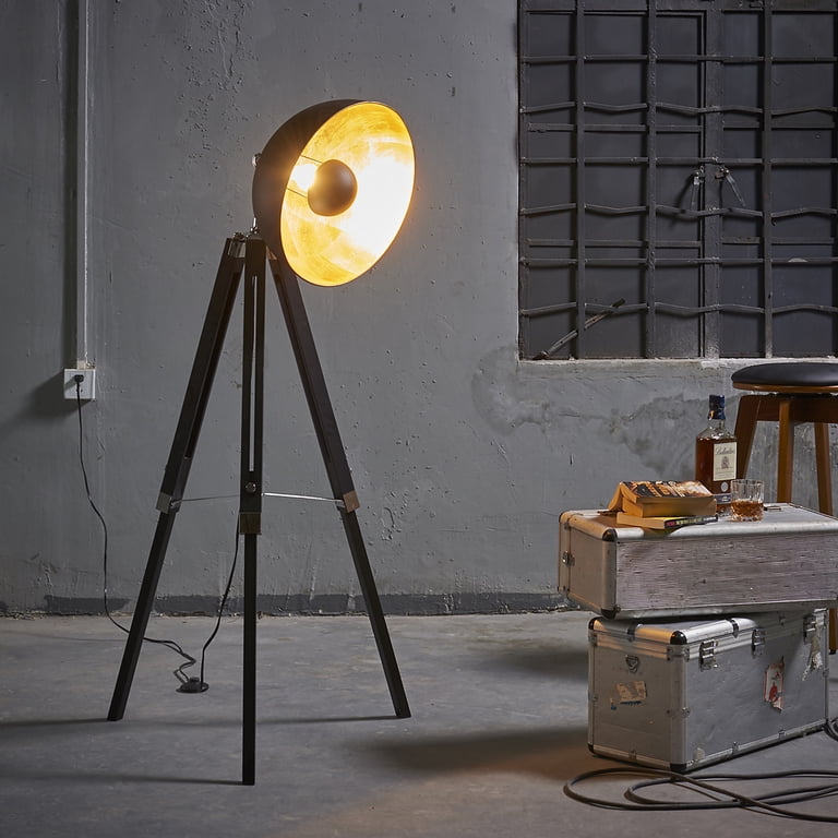 Teamson Home Tripod Floor Lamp Industrial Metal Dish Shade Black