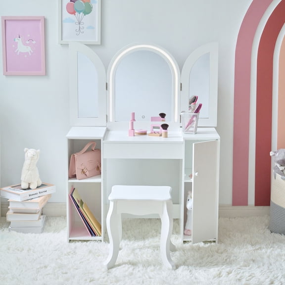 Teamson Kids Deluxe Glow 2-in-1 Wooden Vanity Desk with LED 3-Mirror, Storage, Touch Sensor & Stool, White