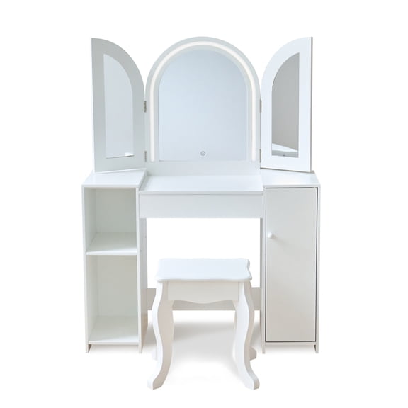 Teamson Kids Deluxe Glow 2-in-1 Wooden Vanity Desk with LED 3-Mirror, Storage, Touch Sensor & Stool, White