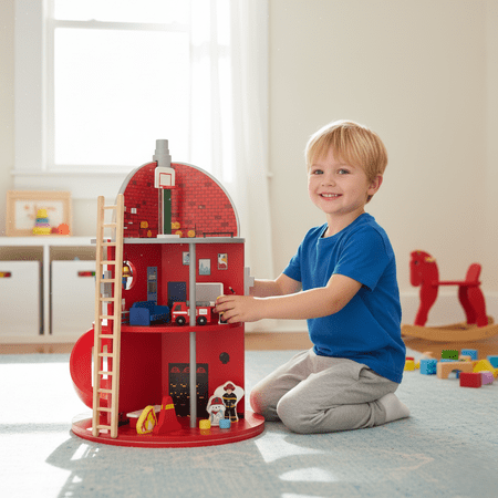 Teamson Kids Wooden Fire Station Playset with 24 Figurines, Multi