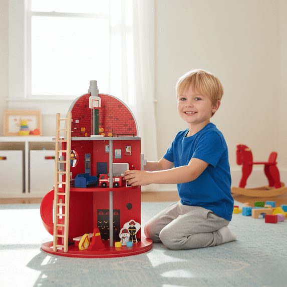 Teamson Kids Wooden Fire Station Playset with 24 Figurines, Multi
