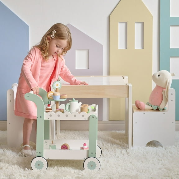 Teamson Kids Afternoon Sip Wooden Dessert Cart with Rolling Wheels and 24 Pcs Play Food for Pretend Play