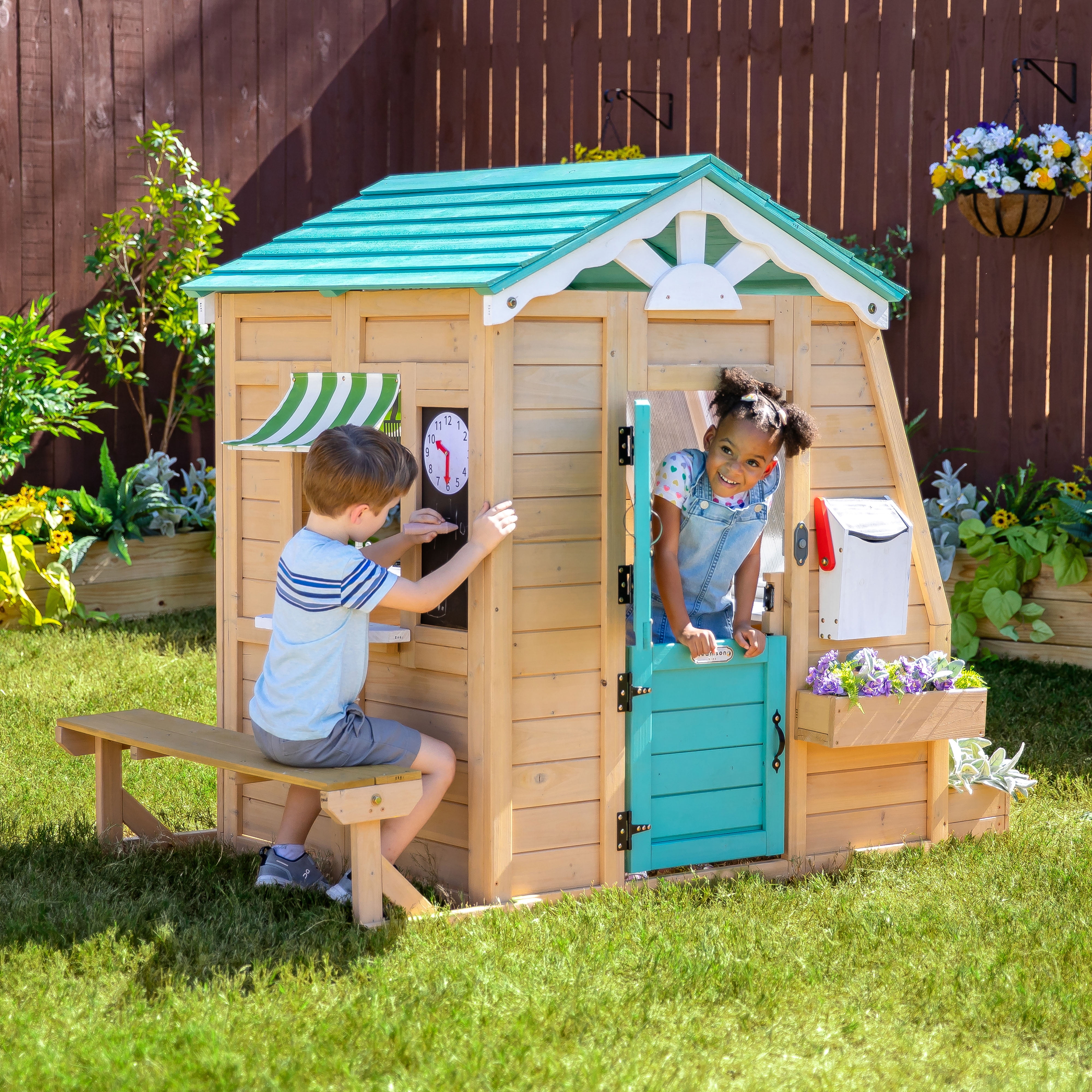 Teamson Kids Agnes Wooden Playhouse with Garden Window Flower