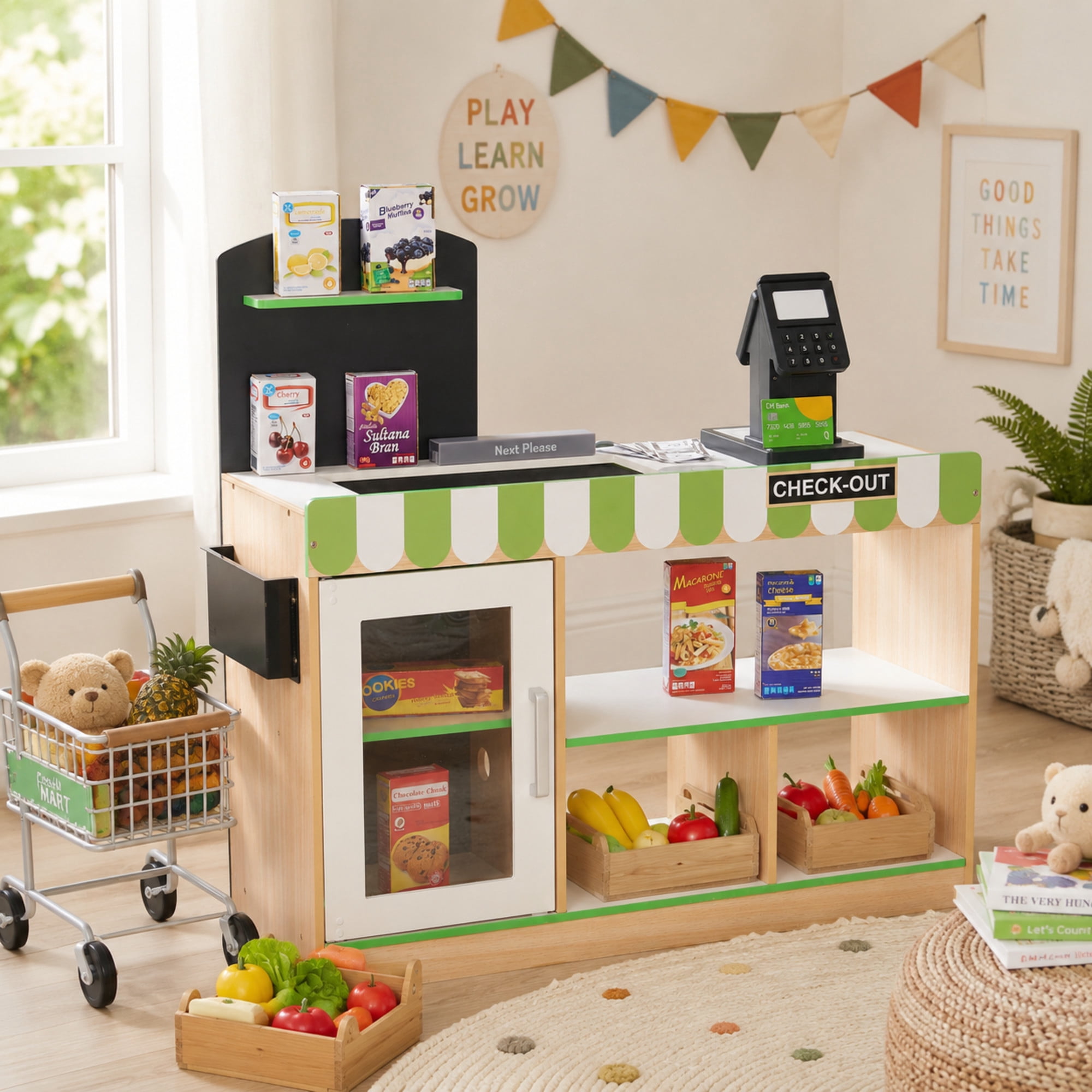 Teamson Kids Cashier Austin Interactive Cashier Checkout Stand, Wooden Play Register with Conveyor Belt, Shelves, Cooler & 26 Accessories