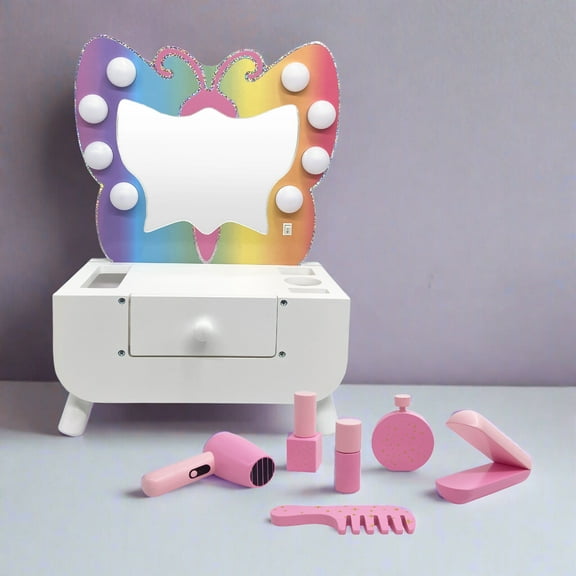 Teamson Kids Colorful Butterfly-Shaped Tabletop Vanity with LED Lights Mirror