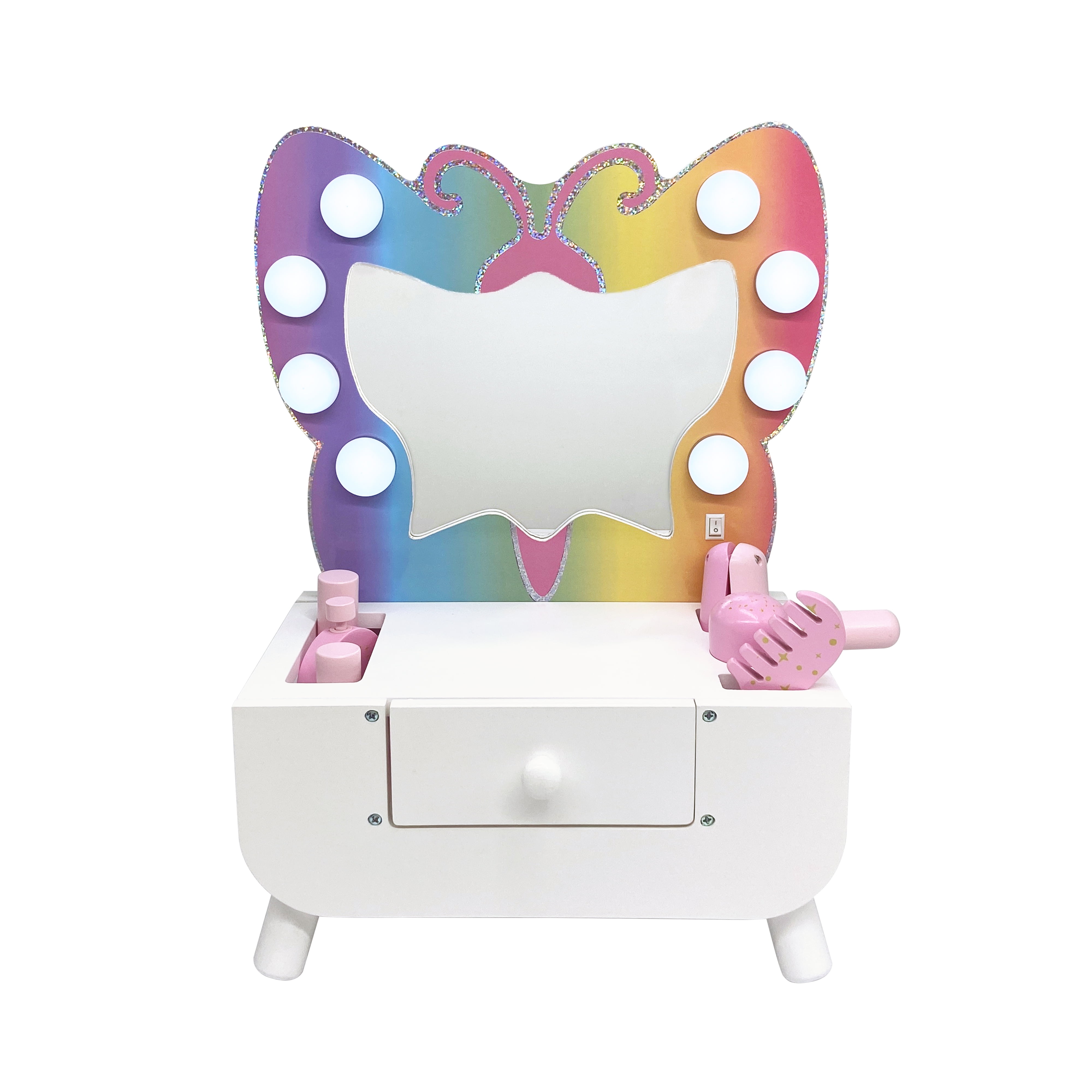 Colorful Butterfly-Shaped Tabletop Vanity with LED Lights and Accessories
