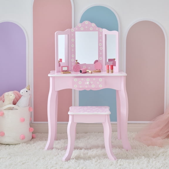 Teamson Kids Daisy Gisele Wooden Vanity Play Set with Tri-Fold Mirror, Drawer & Stool, Pink