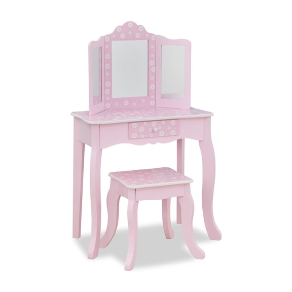 Teamson Kids Daisy Gisele Wooden Vanity Play Set with Tri-Fold Mirror, Drawer & Stool, Pink
