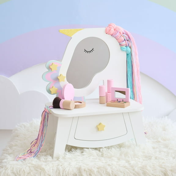 Teamson Kids Dreamy Unicorn Tabletop Vanity, Pretend Makeup Set with Mirror, Drawer & Wool Hair, White, for Toddlers Ages 3+