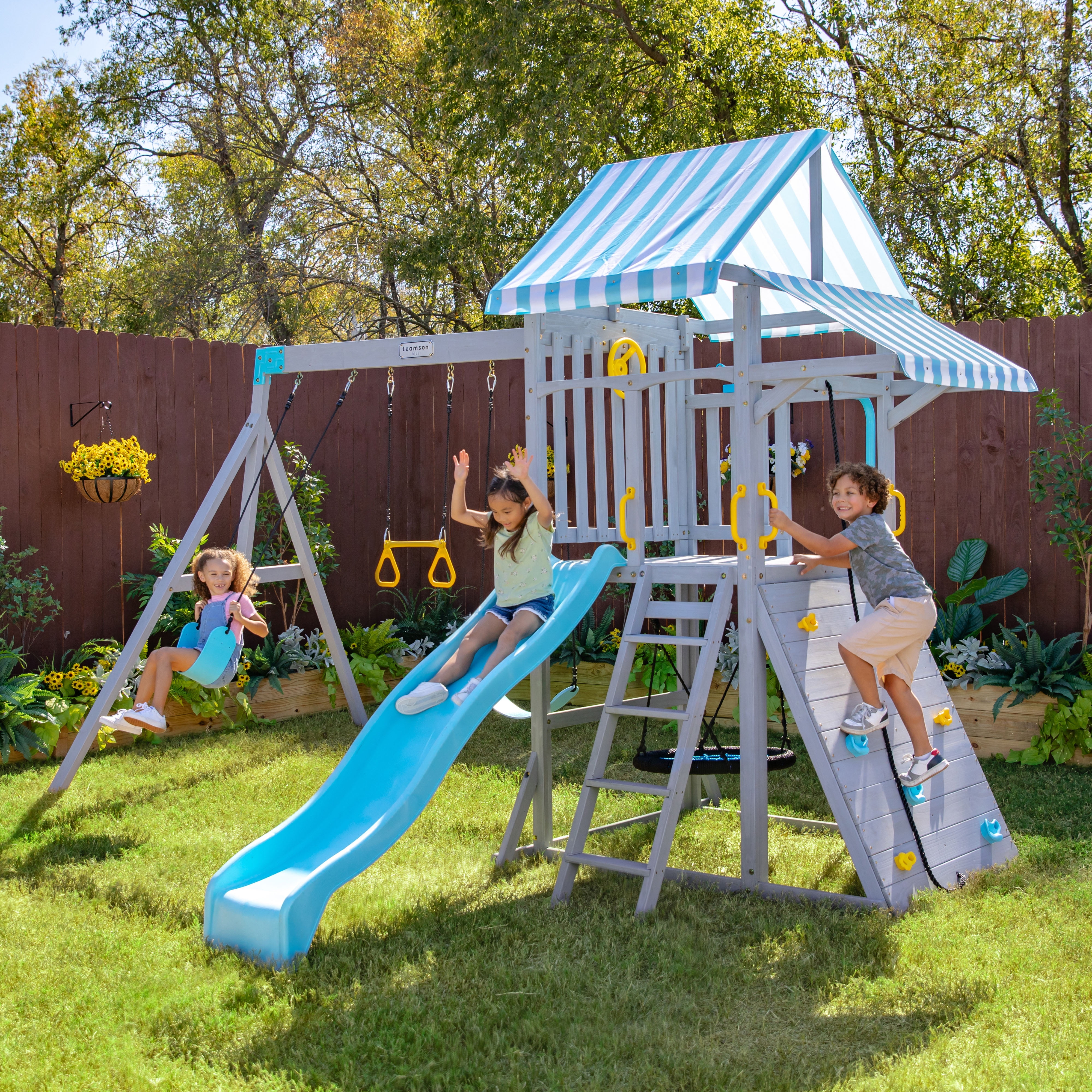Teamson Kids Everett Plus Swing Set Playset with Platform & Rock Wall, Gray