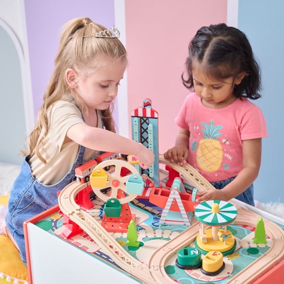 Teamson Kids Florida Amusement Park Wooden Activity Table with 6 Interactive Mini Games & Train Rail, Educational Toy for Motor Skills