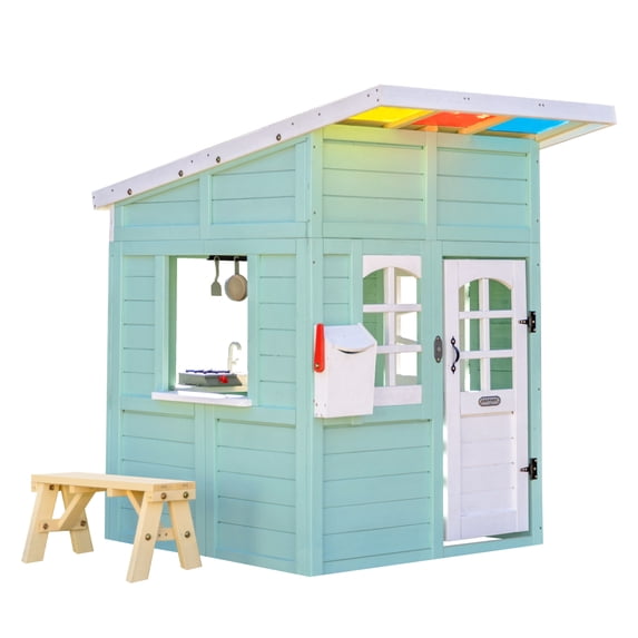 Teamson Kids Issac Wooden Playhouse with Kitchen, Flower Box and Bench, Blue