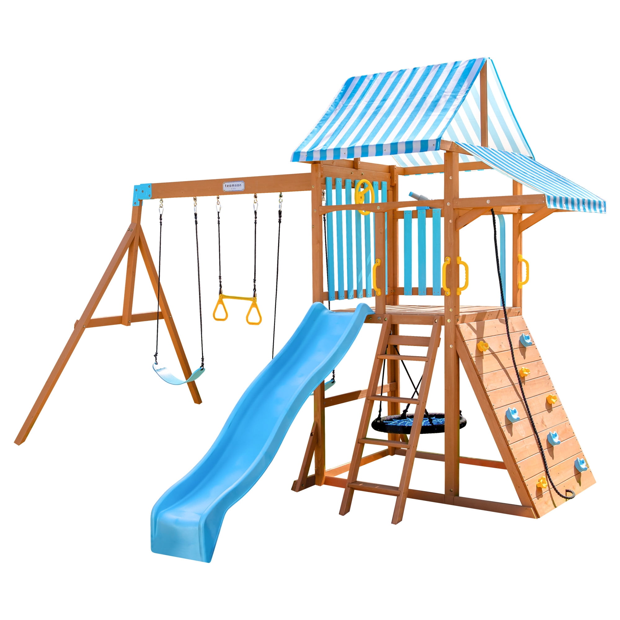 Teamson Kids Everett Plus Swing Set Playset with Platform & Rock Wall, Brown