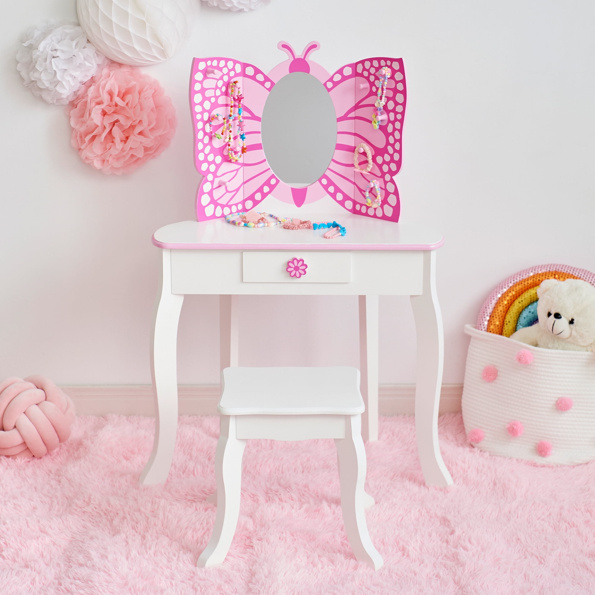 Teamson Kids Little Bella Butterfly Wooden Vanity Set with Stool Pink White
