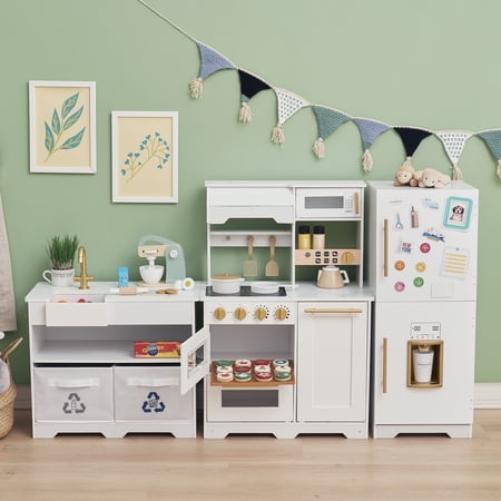 Teamson Kids Little Chef Atlanta Modular Wooden Play Kitchen with Ice Maker, Magnetic Fridge & 17 Accessories