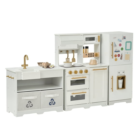 Play Kitchen for Kids – Teamson Little Chef Atlanta Modular Wooden Toy Kitchen with 17 Accessories, White and Gold