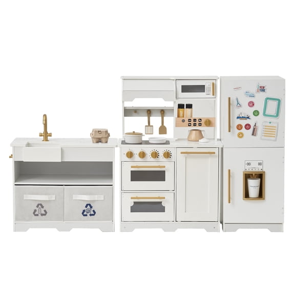 Teamson Kids Little Chef Atlanta Modular Wooden Play Kitchen with Ice Maker, Magnetic Fridge & 17 Accessories