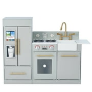 Teamson Kids Little Chef Charlotte Modern Play Kitchen with Free-Standing Refrigerator, Separate Kitchenette Unit, & Interactive Features, Silver Gray/Gold