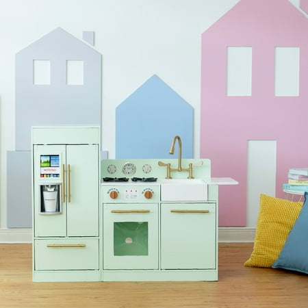 Teamson Kids Little Chef Charlotte Play Kitchen Set – Toddler Wooden Kitchen Playset with Stove, Sink & Refrigerator, Toy Cooking Set for Ages 1-7, Mint/Gold