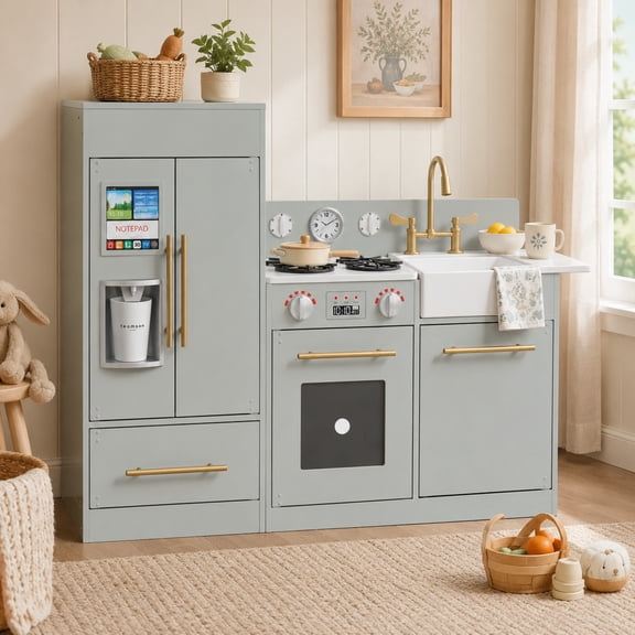 Teamson Kids Little Chef Charlotte Modern Modular 2-Piece Wooden Play Kitchen with Realistic Refrigerator, Ice Dispenser, Stove and Sink, Gray / Gold