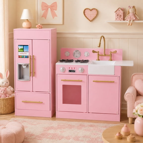 Teamson Kids Little Chef Charlotte Modern Modular 2-Piece Wooden Play Kitchen with Realistic Refrigerator, Ice Dispenser, Stove and Sink, Pink/Gold