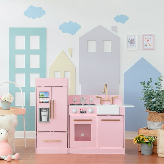 Teamson Kids Little Chef Charlotte Wooden Play Kitchen Set for Toddlers, Pretend Cooking Playset with Stove, Sink & Fridge, Pink/Gold