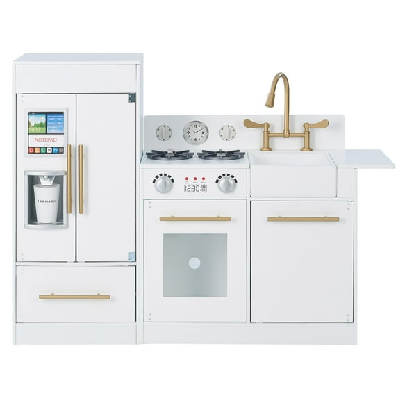 Kids Wooden Play Kitchen Set – Teamson Little Chef Charlotte, Toddler Kitchen Playset with Sink, Stove, Fridge & Accessories, White/Gold, Ages 1–7