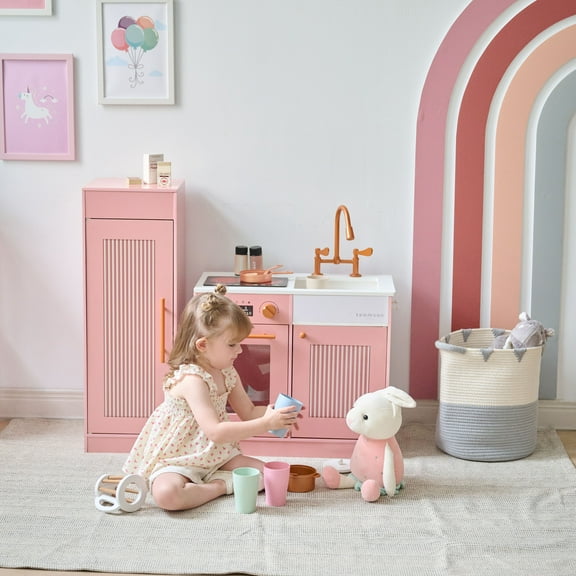 Teamson Kids Little Chef Chester Wooden Play Kitchen with 12 Pretend Food Accessories, Fridge & Oven, Kids Kitchen Playset for Ages 3 , Peach