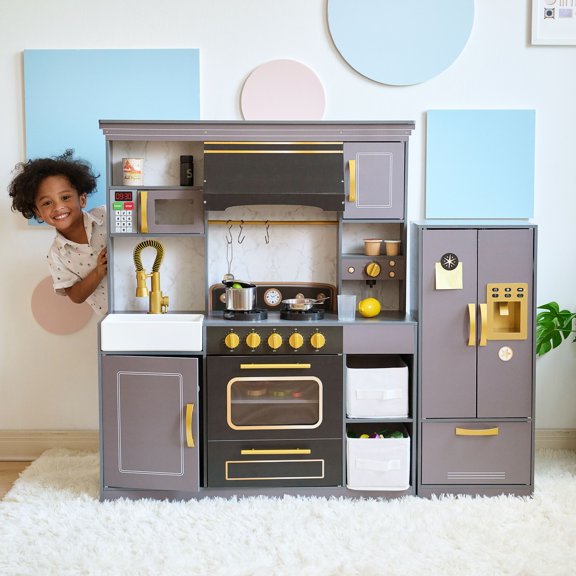 Teamson Kids Wooden Play Kitchen Set for Toddlers Ages 1-6 – Realistic Little Chef Playset with Ice Dispenser, Microwave & Accessories, Gray