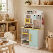 Teamson Kids Compact Wooden Play Kitchen with Oven, Microwave, Sink, Half Fridge, Clicking Knobs, Storage, 5 Accessories, Light Blue, Little Chef Florence