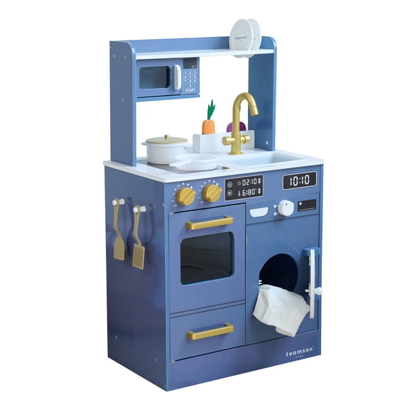 Teamson Kids Little Chef Lake Tahoe Wooden Play Kitchen with Washing Machine, Oven, Microwave & Storage, Blue