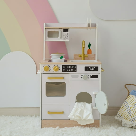 Teamson Kids Little Chef Lake Tahoe Wooden Play Kitchen with Washing Machine, Oven, Microwave & Storage, White