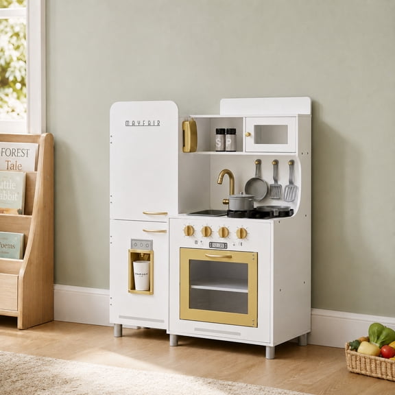 Teamson Kids White Play Kitchen Set with Light and Sound Effects, 12pc accessories, Ice Maker, Oven, Burner & Refrigerator -Little Chef Mayfair Retro