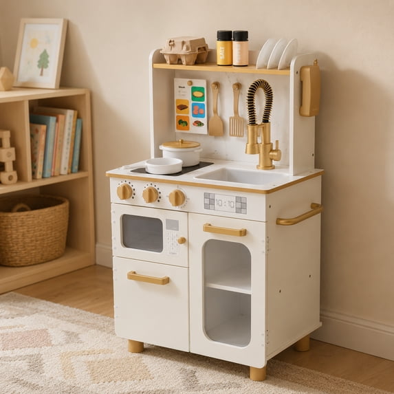 Teamson Kids Wooden Play Kitchen Set with 16 Accessories, Extendable Faucet, White and Gold Compact Wooden Play Kitchen with Oven, Sink and Storage