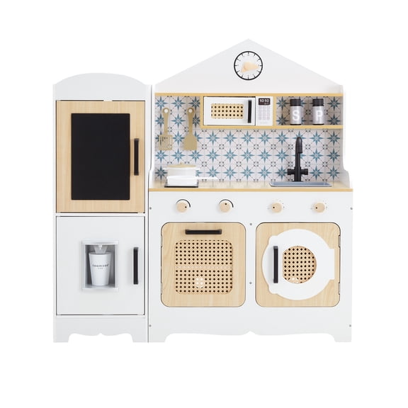 Teamson Kids Little Chef Morocco Wooden Play Kitchen & 11 Accessories with Oven, Microwave, Ice Dispenser Chalkboard on Refrigerator
