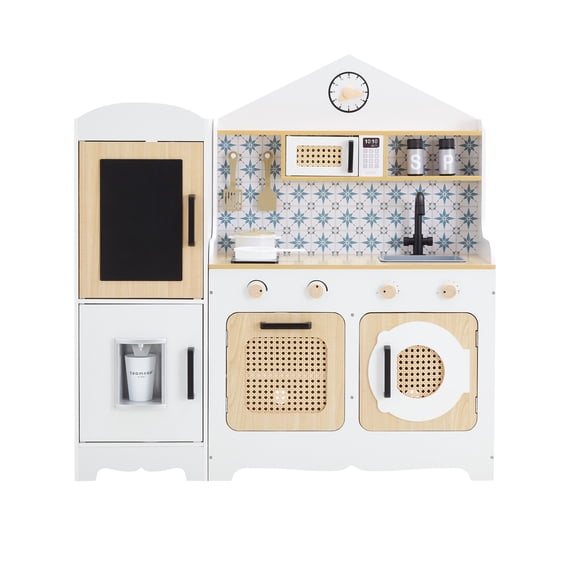 Teamson Kids Little Chef Morocco Wooden Play Kitchen & 11 Accessories with Oven, Microwave, Ice Dispenser Chalkboard on Refrigerator