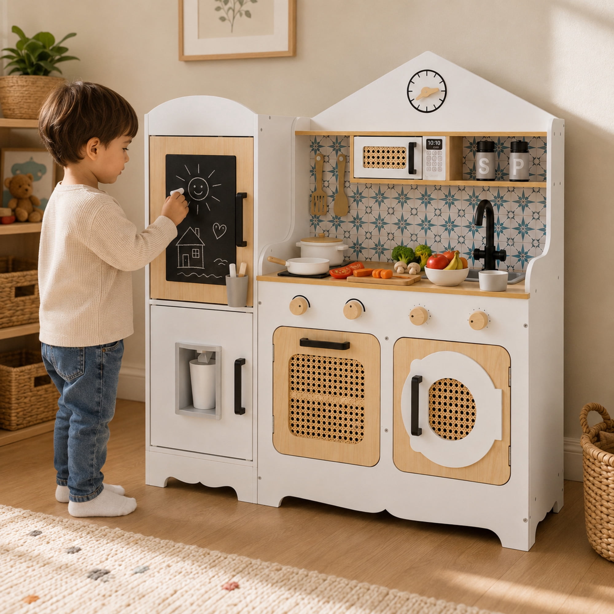 Teamson Kids Large Wooden Play Kitchen Set, White and Natural, Modular Pretend Play kitchen, Fridge with Pretend Ice Dispenser, Little Chef Morocco