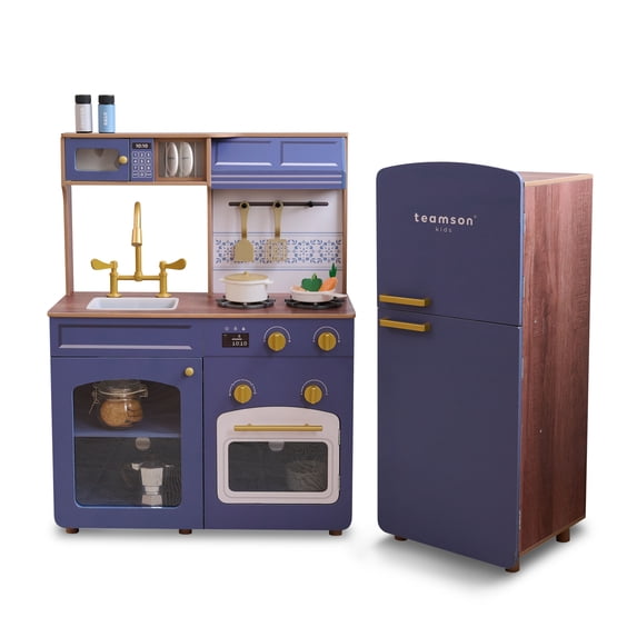 Teamson Kids Little Chef Normandy Wooden Play Kitchen with Modular Fridge, Sink, Oven & Pretend Play Accessories, Blue