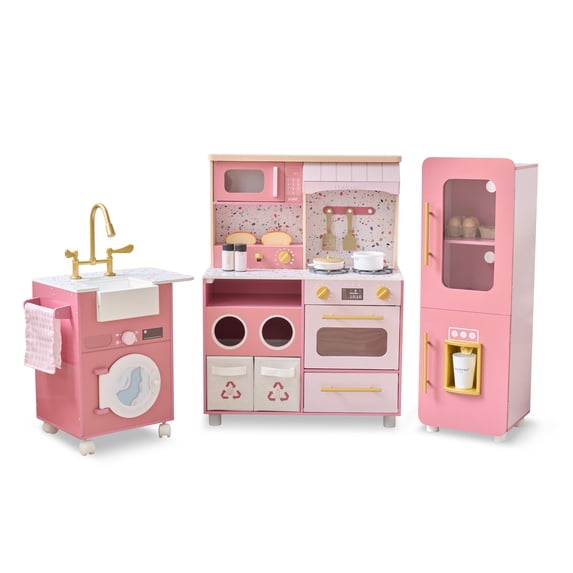 Teamson Kids Little Chef Savannah Wooden 3-piece Play Kitchen Set with Fridge, Sink, Stove & 21 Accessories, Pink