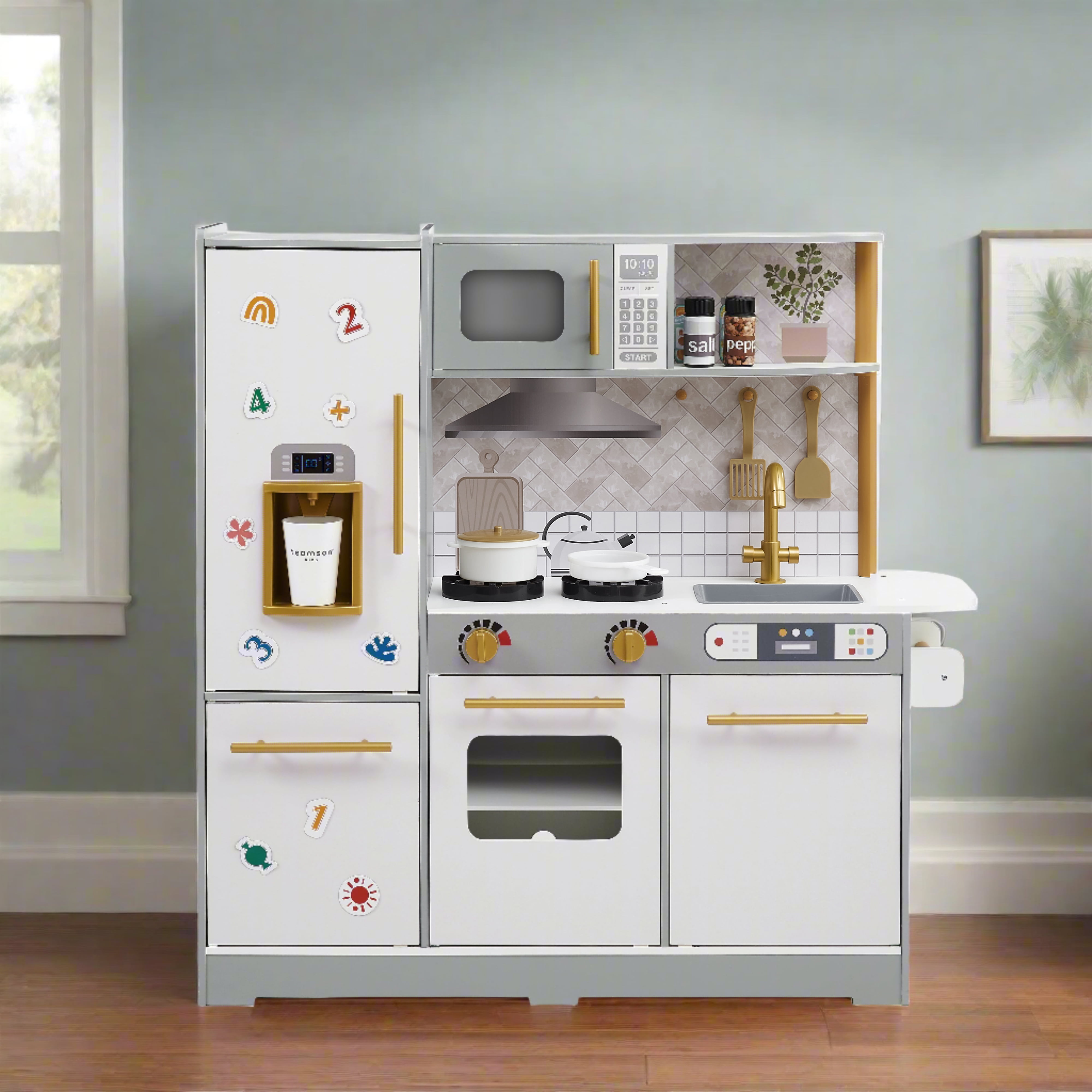 Teamson Kids Little Chef Springfield Play Kitchen \u0026 21 Pc. Accessory Set, Gray/White