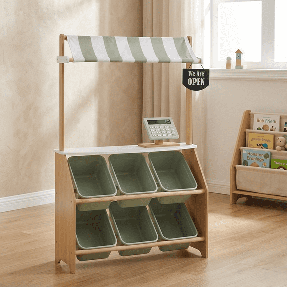 Teamson Kids Little Shopper Farmers' Market Play Stand with Removable Bins & Sign