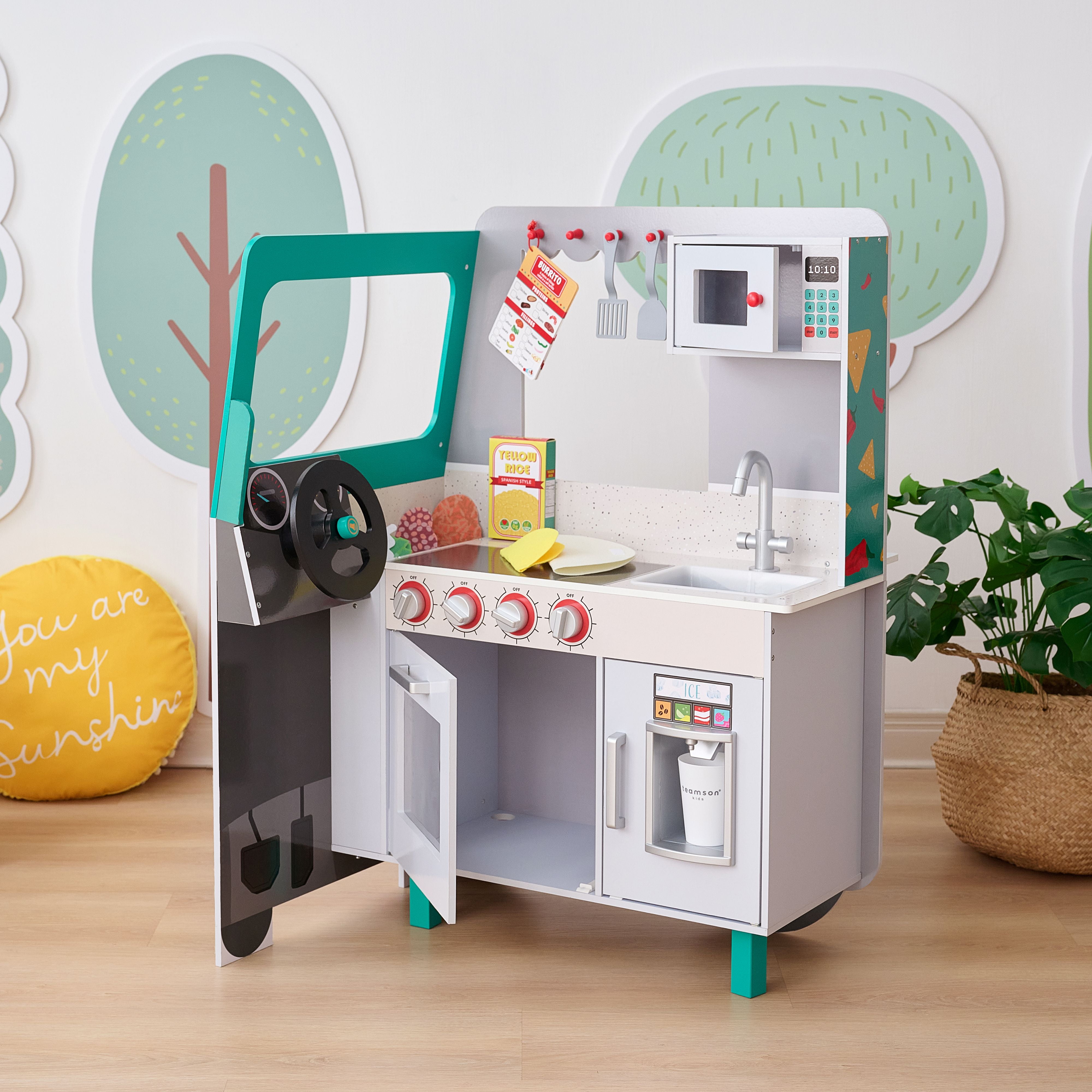 Teamson Kids My Little Helper Kids Play Taco Truck Playset, Two-Sided Play Kitchen with Steering Wheel, Oven, Sink & Taco Accessories