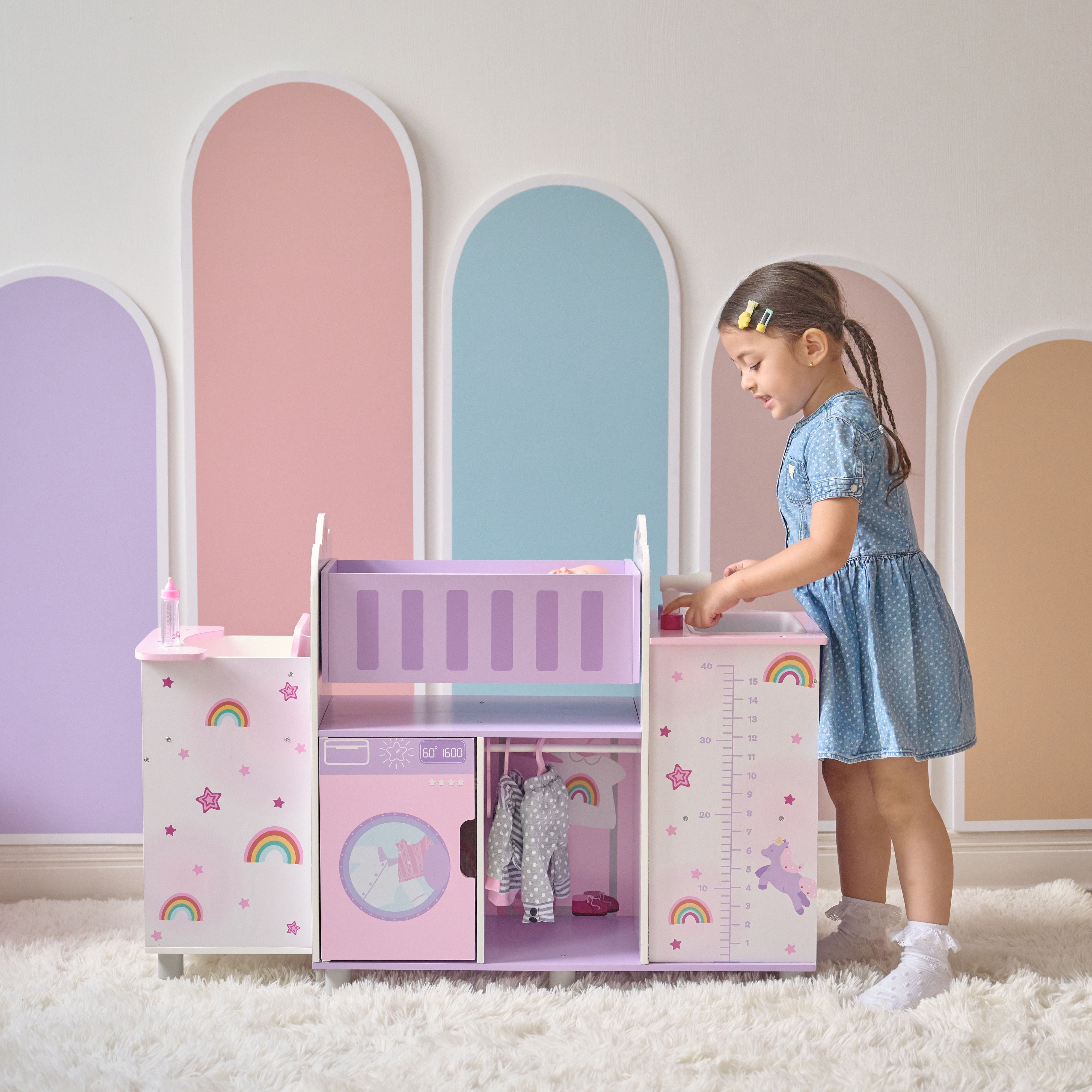 Teamson Kids Olivias Little World Wooden 6-in-1 Baby Doll Nursery with Cradle, High Chair & Sink for Pretend Play with Unicorn Theme