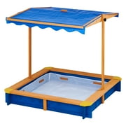 Teamson Kids Outdoor 46 x 46 Spruce Sand Box with Adjustable Canopy, Blue/Wood