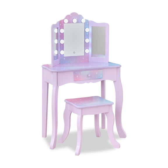 Teamson Kids Stardust Print Gisele Vanity with LED Lights & Touch Sensor Mirror, Storage Drawer for Kids Pretend Play, Purple